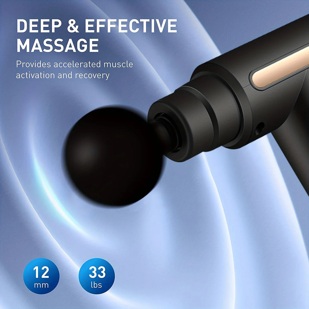 Massage gun with text highlighting deep and effective massage on a blue background