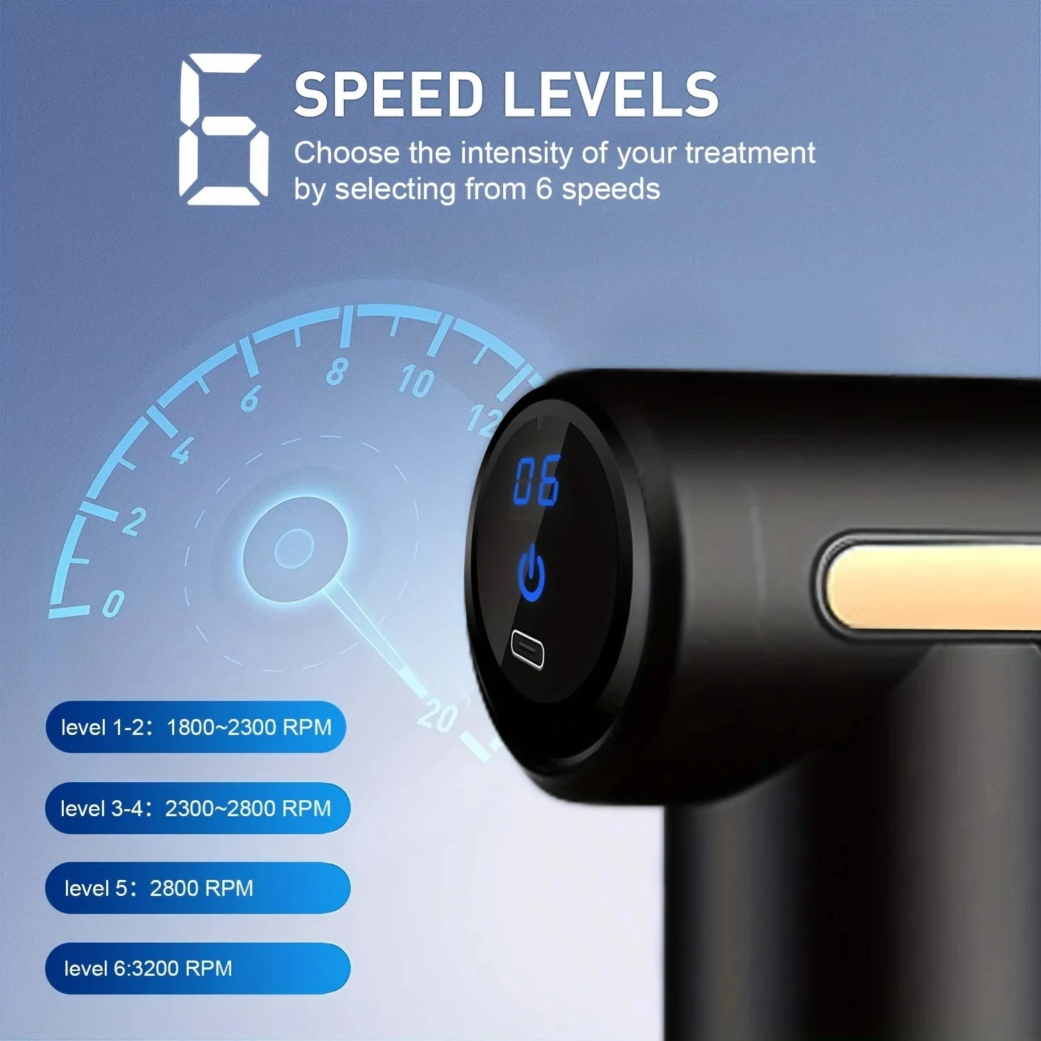 Hair dryer with speed level display and text on a blue background