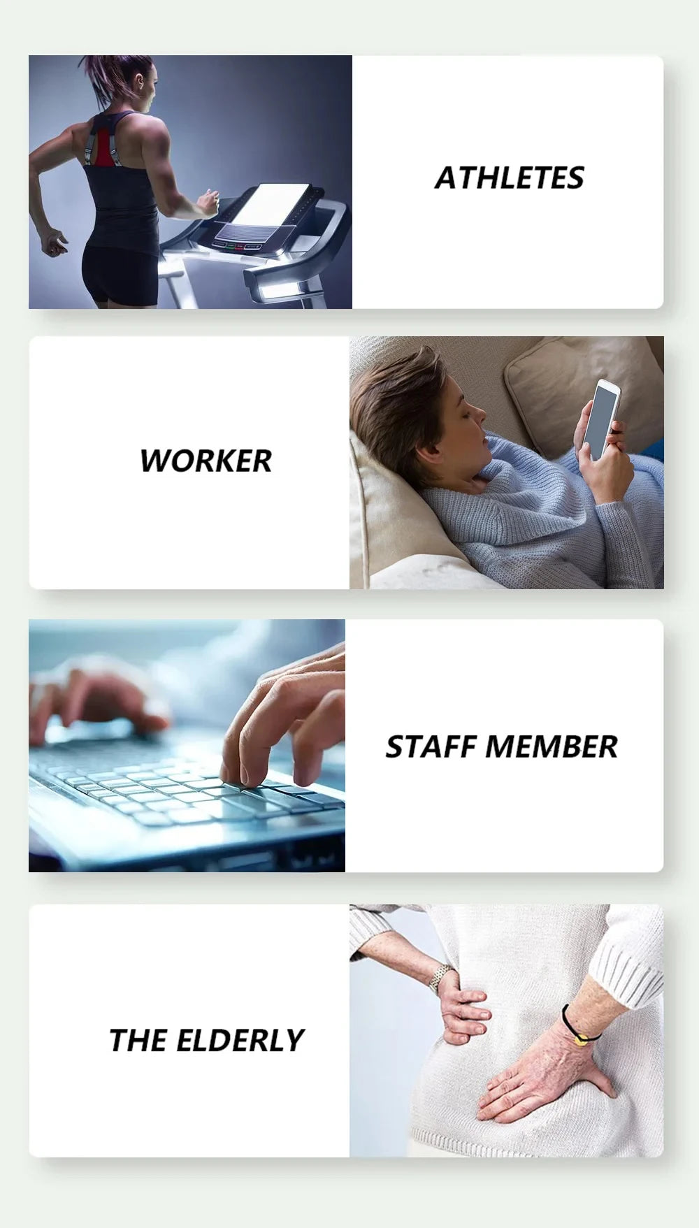 Collage of people labeled as athletes, worker, staff member, and elderly on a white background.