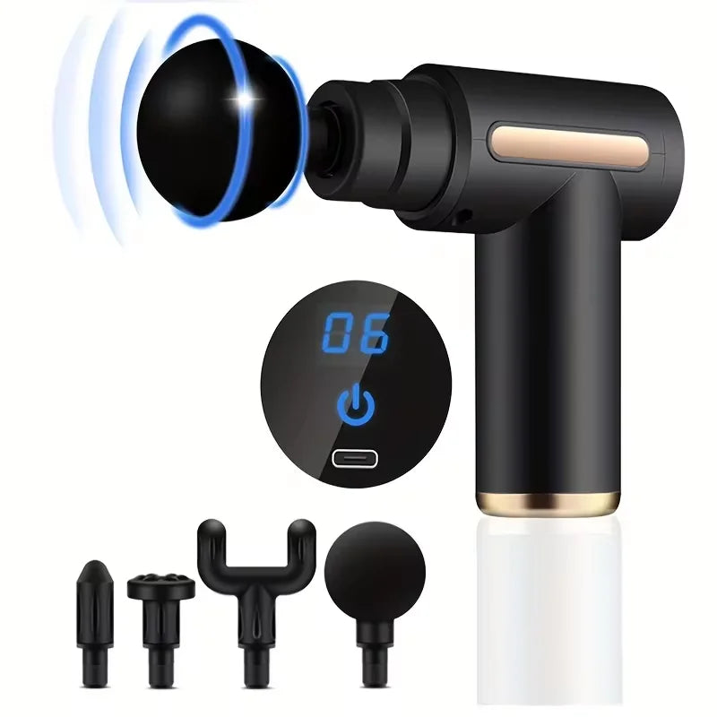 Black handheld massage gun with attachments on a white background