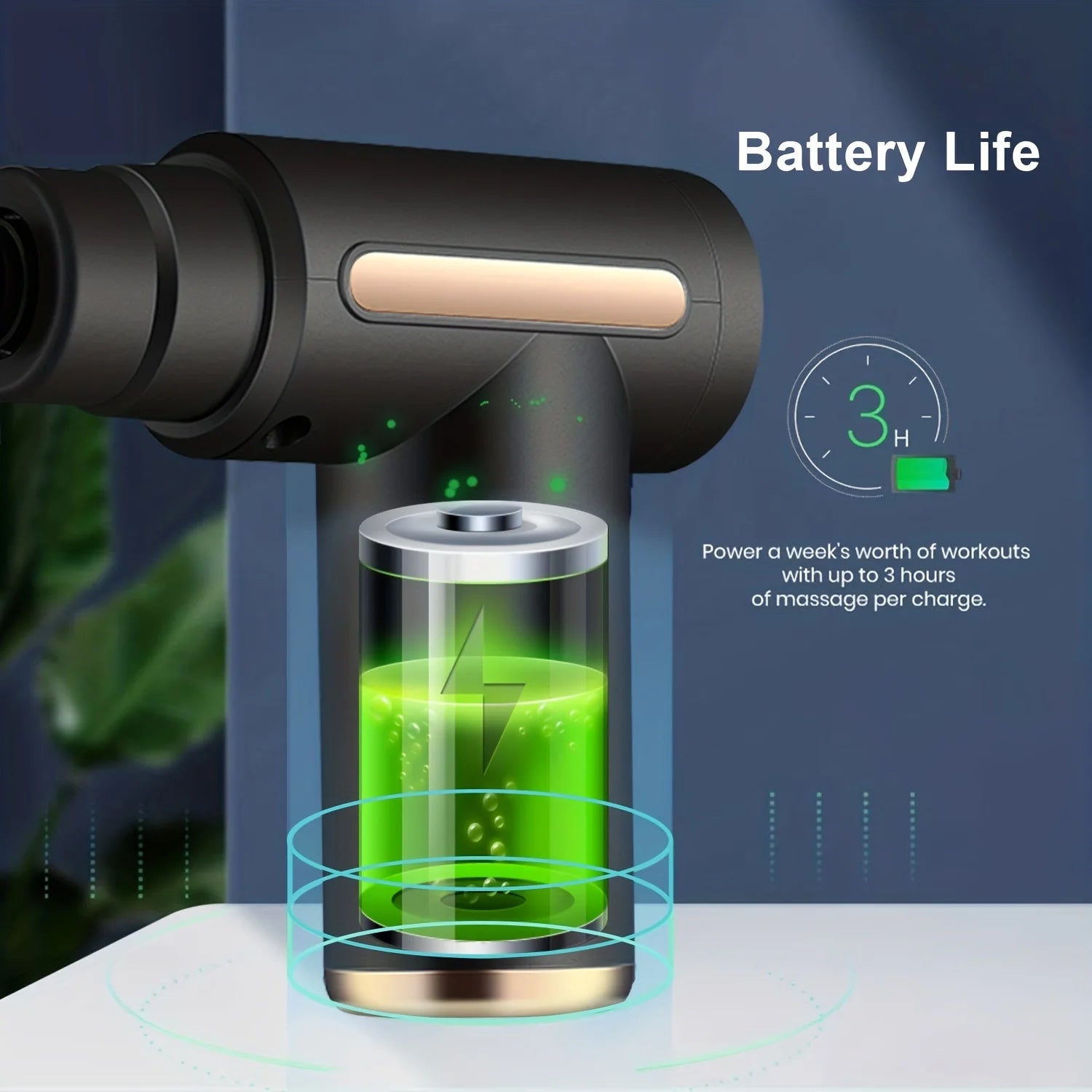 Black handheld device with green liquid and battery indicator on a dark background