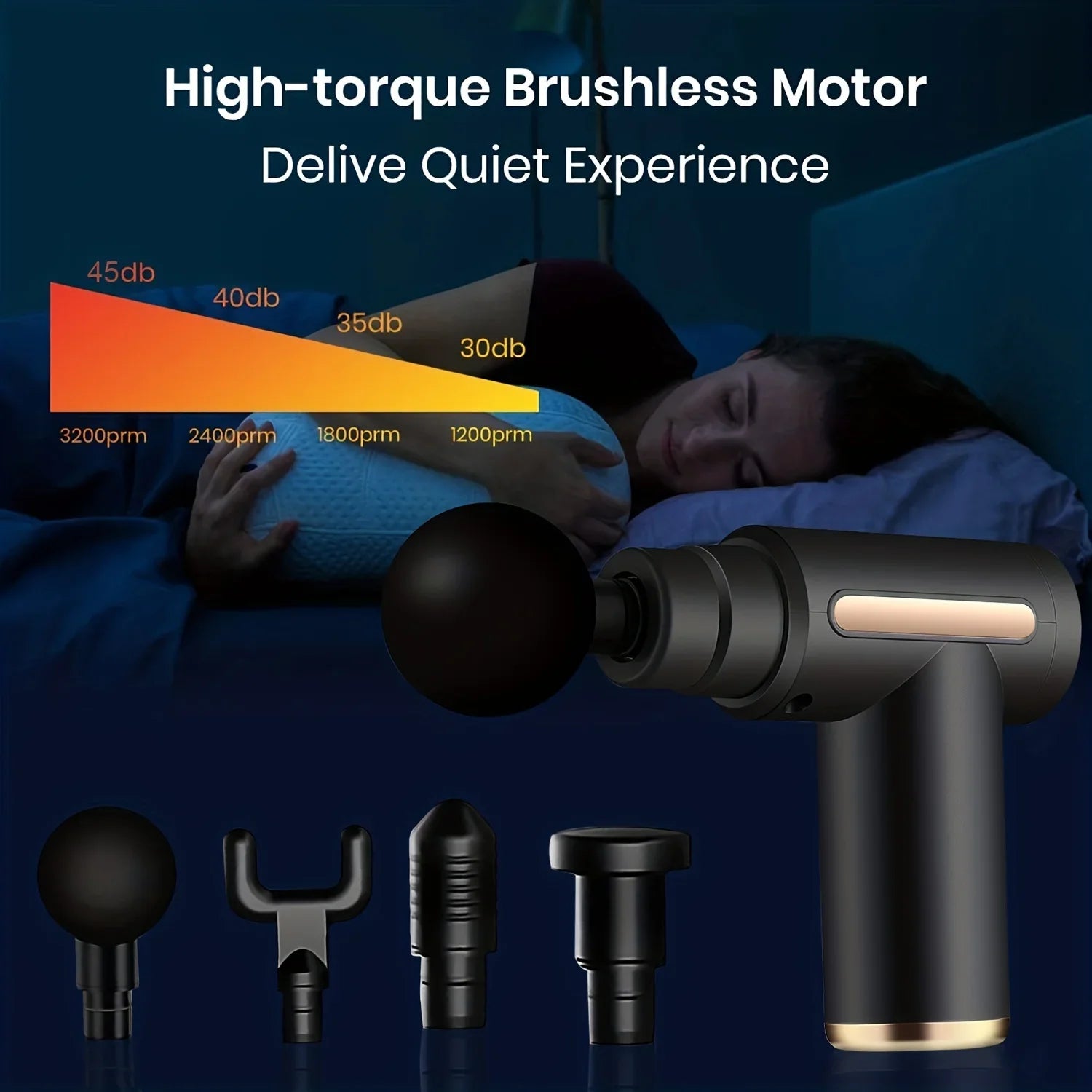 Massage gun with attachments and a person sleeping, highlighting high-torque brushless motor and quiet experience.