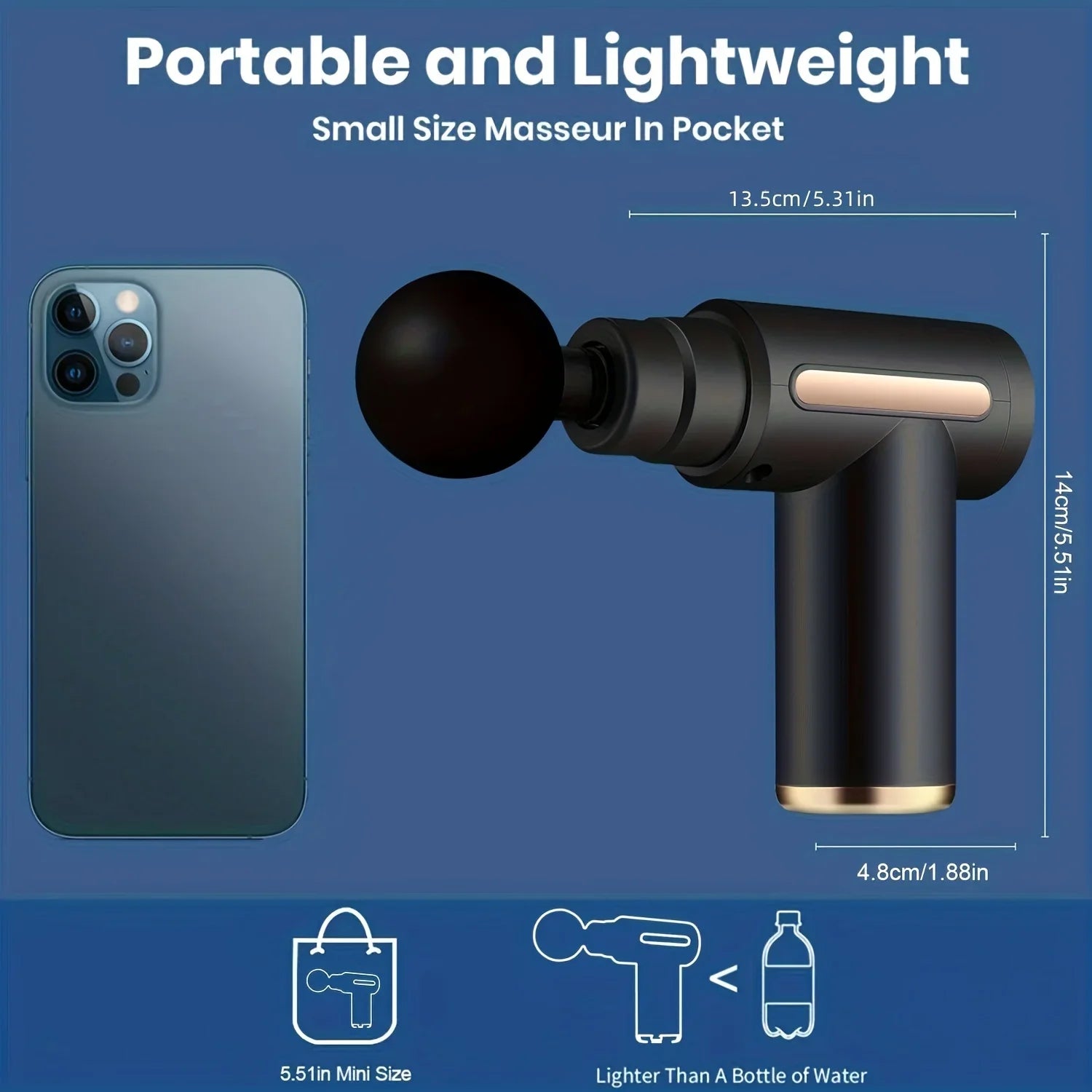 Portable massage gun next to a smartphone on a blue background with text highlighting its size and features.