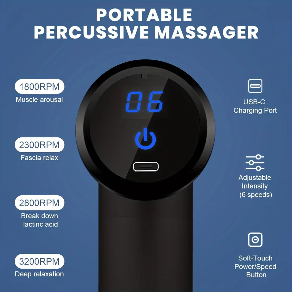 Portable percussive massager with digital display and feature icons on a blue background